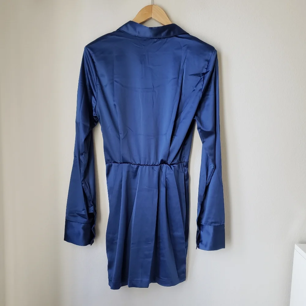 Sapphire Blue Long Sleeve Button Down Satin Effect Mini Dress - Picture 11 of 16